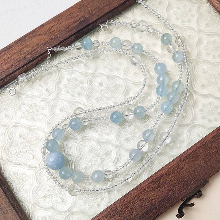 Aquamarine & Clear Quartz Layered Necklace (Two Strands)