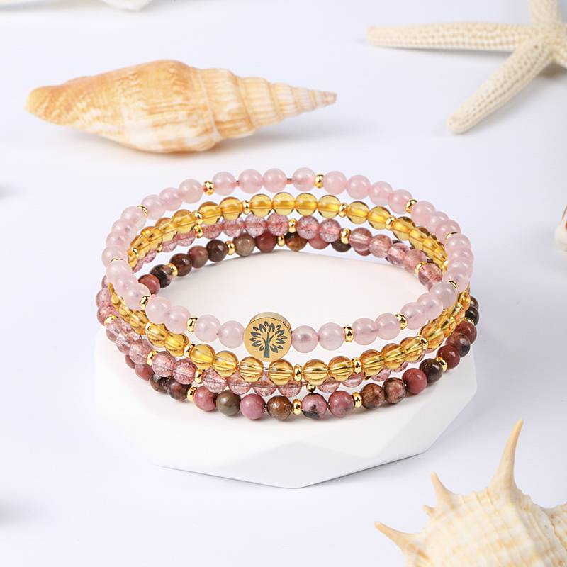 Love & Happiness Crystal Bracelet Set – Rose Quartz, Citrine, Strawberry Quartz & Rhodonite (4mm)