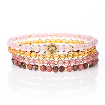 Love & Happiness Crystal Bracelet Set – Rose Quartz, Citrine, Strawberry Quartz & Rhodonite (4mm)