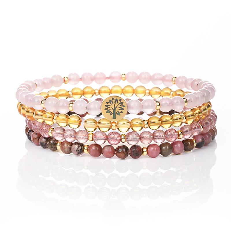 Love & Happiness Crystal Bracelet Set – Rose Quartz, Citrine, Strawberry Quartz & Rhodonite (4mm)