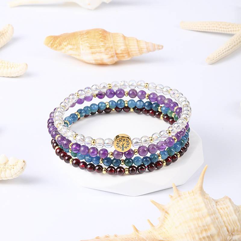 Health & Wellness Crystal Bracelet Set – Amethyst, Apatite, Garnet & Clear Quartz (4 mm)
