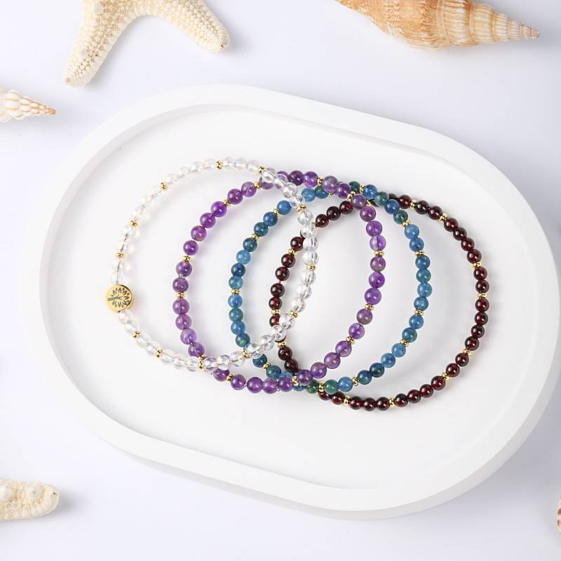 Health & Wellness Crystal Bracelet Set – Amethyst, Apatite, Garnet & Clear Quartz (4 mm)