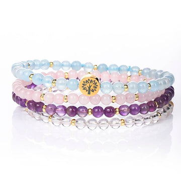 Aquamarine, Rose Quartz & Amethyst 4mm Bracelet Set – Inner Peace & Serenity
