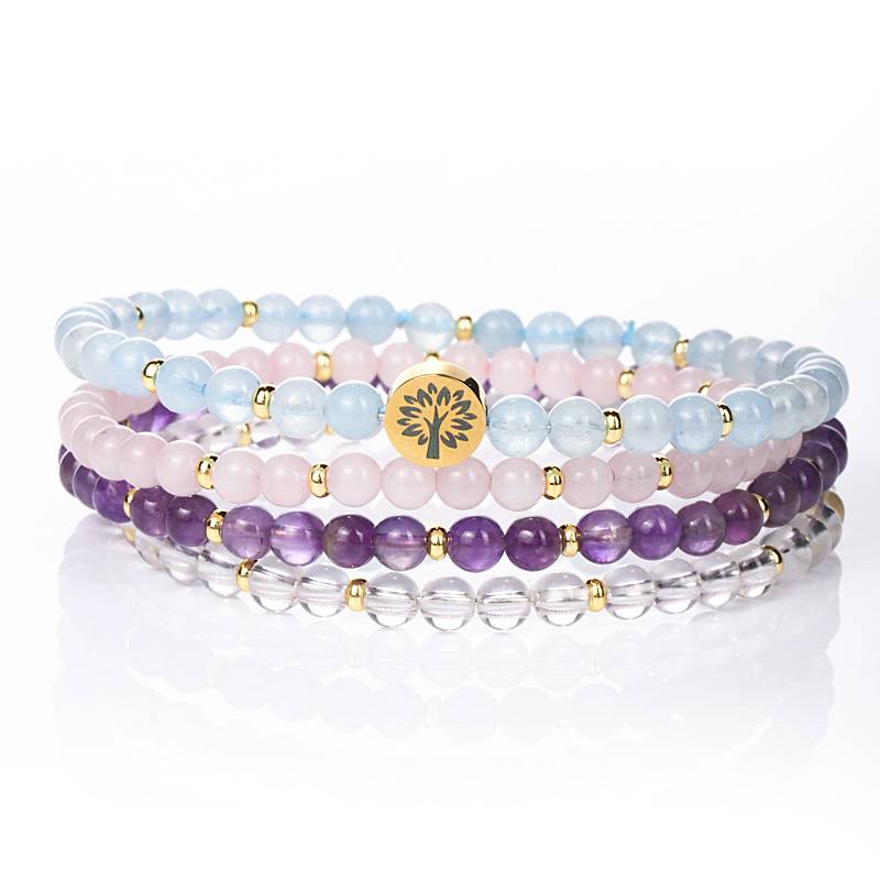 Aquamarine, Rose Quartz & Amethyst 4mm Bracelet Set – Inner Peace & Serenity