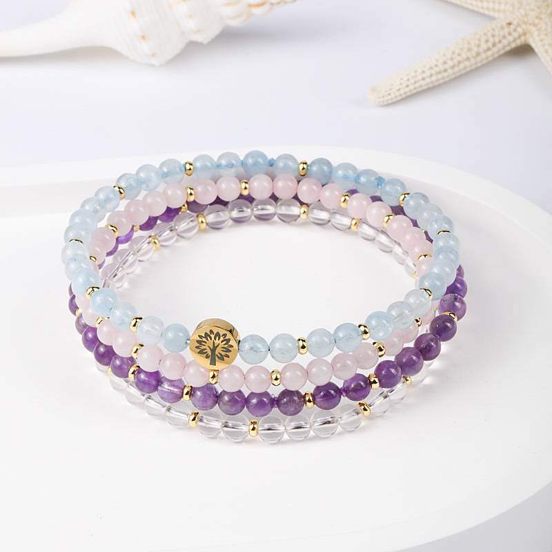 Aquamarine, Rose Quartz & Amethyst 4mm Bracelet Set – Inner Peace & Serenity