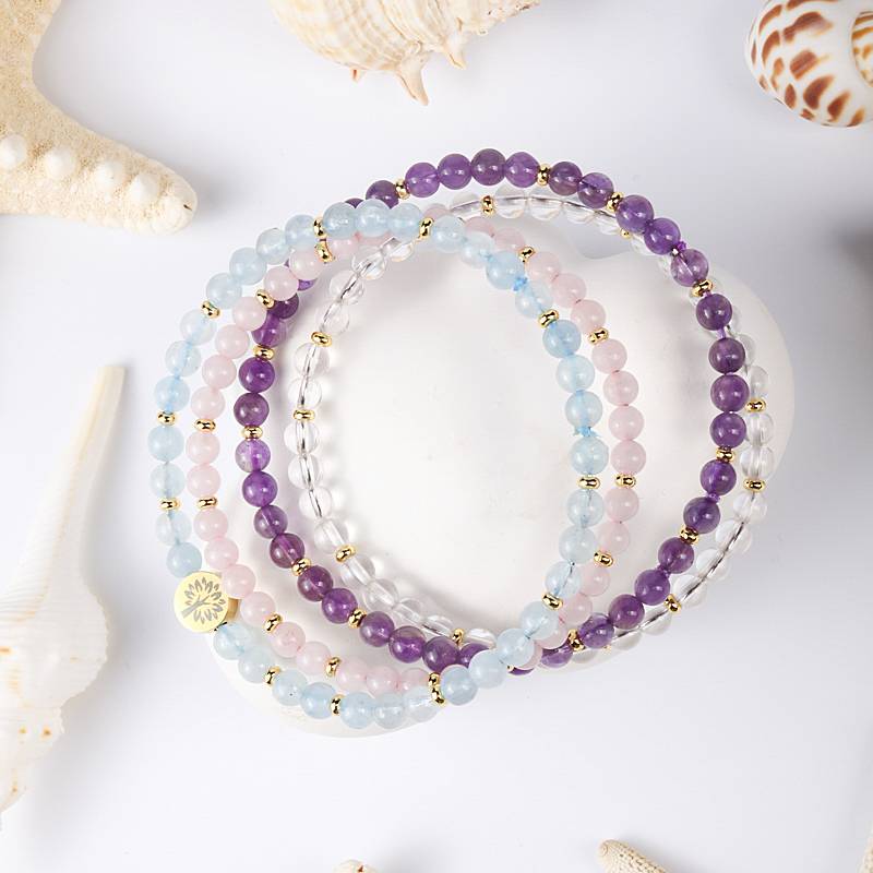 Aquamarine, Rose Quartz & Amethyst 4mm Bracelet Set – Inner Peace & Serenity