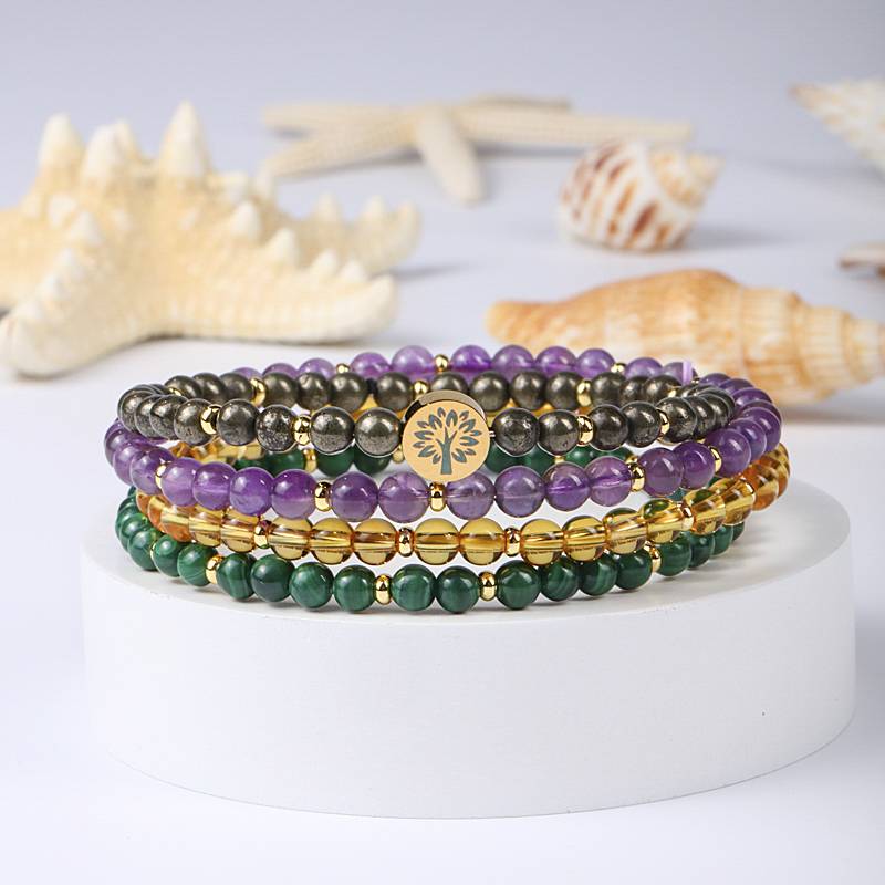 Four-in-One Crystal Bracelet – Wealth & Abundance | Pyrite, Citrine, Malachite, Amethyst (4mm)