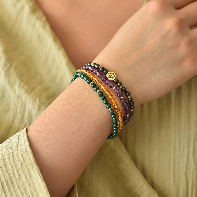 Four-in-One Crystal Bracelet β Wealth & Abundance | Pyrite, Citrine, Malachite, Amethyst (4mm)