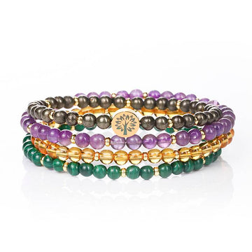 Four-in-One Crystal Bracelet – Wealth & Abundance | Pyrite, Citrine, Malachite, Amethyst (4mm)