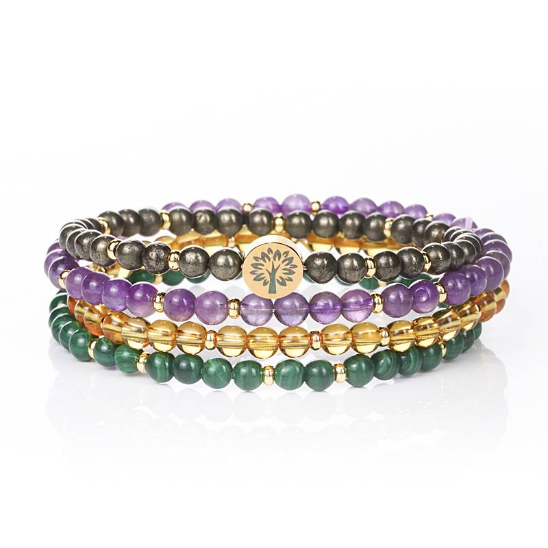Four-in-One Crystal Bracelet – Wealth & Abundance | Pyrite, Citrine, Malachite, Amethyst (4mm)