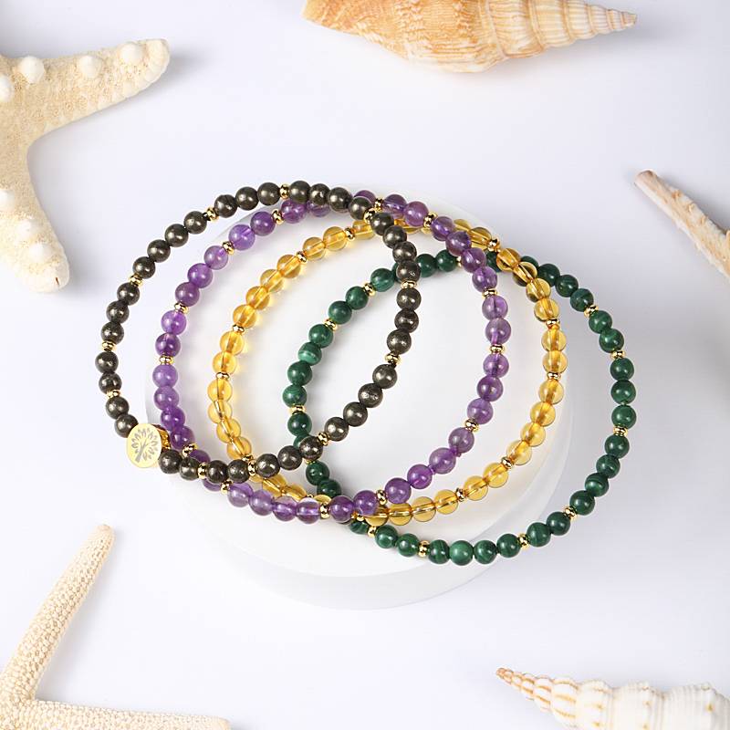 Four-in-One Crystal Bracelet – Wealth & Abundance | Pyrite, Citrine, Malachite, Amethyst (4mm)