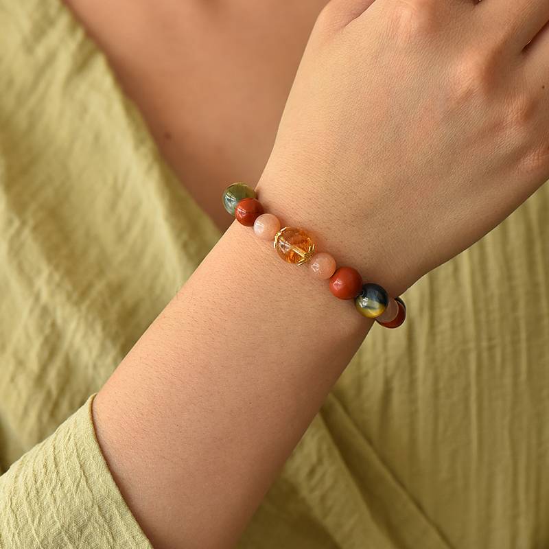 Protection & Courage Crystal Bracelet – Obsidian, Red Jasper, Sunstone, Tiger’s Eye & Citrine 7–11 mm