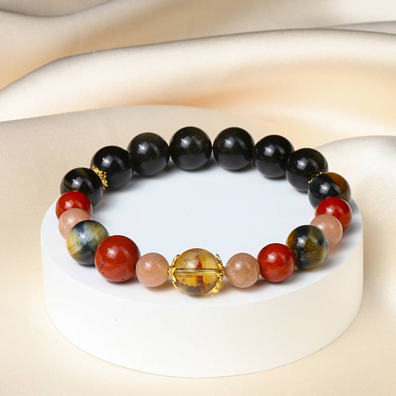Protection & Courage Crystal Bracelet – Obsidian, Red Jasper, Sunstone, Tiger’s Eye & Citrine 7–11 mm