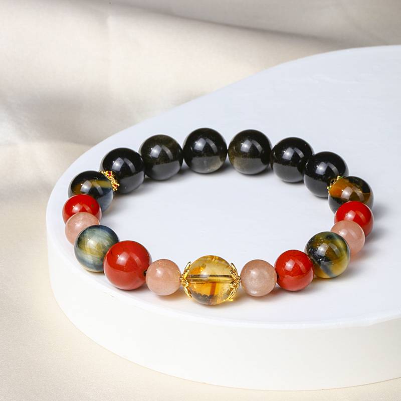 Protection & Courage Crystal Bracelet – Obsidian, Red Jasper, Sunstone, Tiger’s Eye & Citrine 7–11 mm