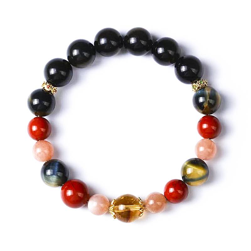 Protection & Courage Crystal Bracelet – Obsidian, Red Jasper, Sunstone, Tiger’s Eye & Citrine 7–11 mm