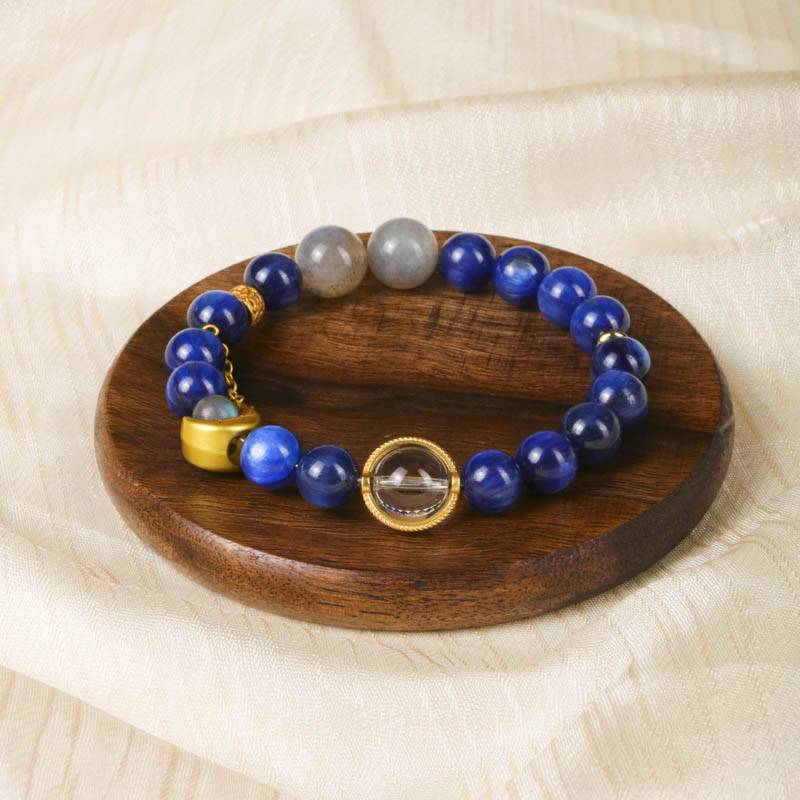 Focus & Clarity Crystal Bracelet – Kyanite & Moonstone 8–10 mm, Starry-Night Inspired