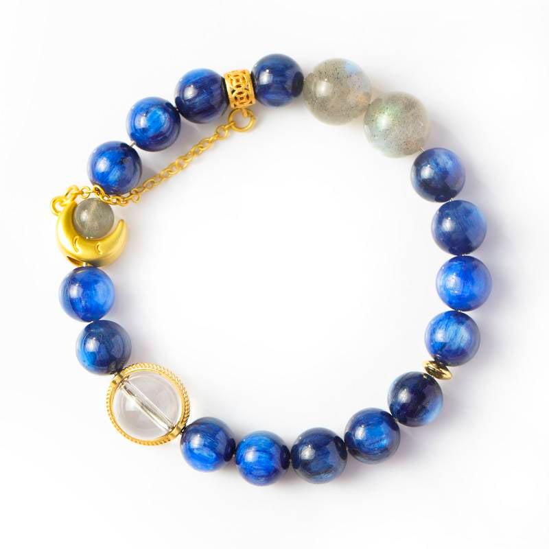 Focus & Clarity Crystal Bracelet – Kyanite & Moonstone 8–10 mm, Starry-Night Inspired