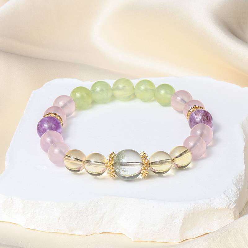 Love & Healing Crystal Bracelet – Rose Quartz, Amethyst, Prehnite & Clear Quartz 8–11 mm