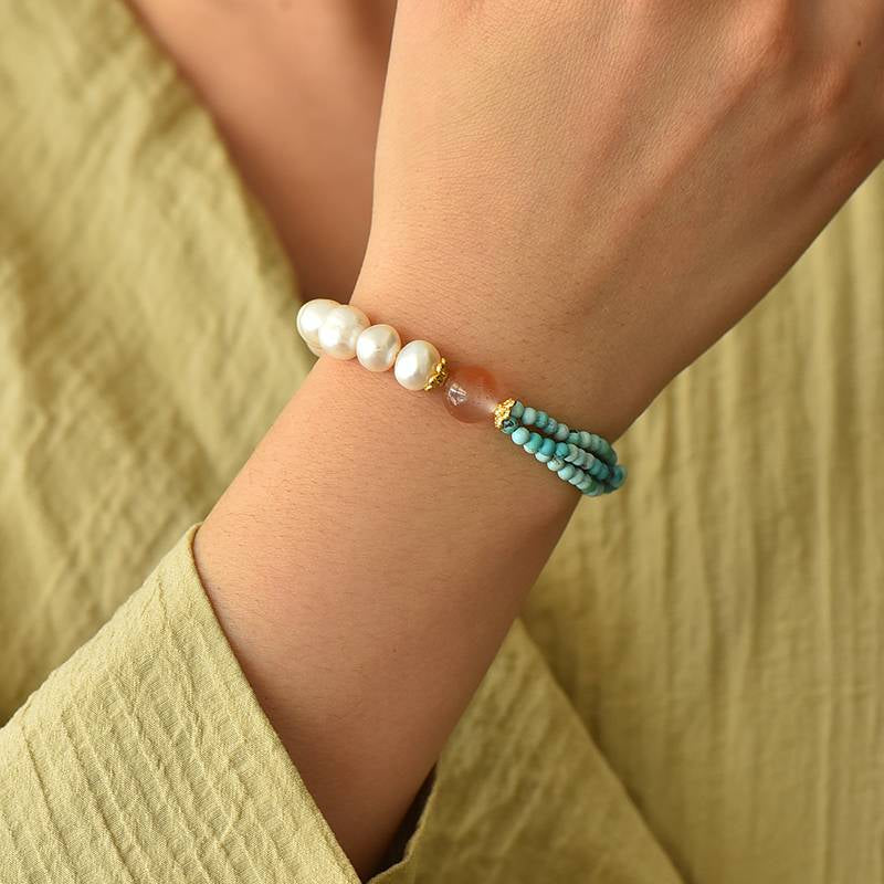 Calm & Love Crystal Bracelet – Turquoise, Pearl & Agate 8 mm, Almond-Blossom Inspired
