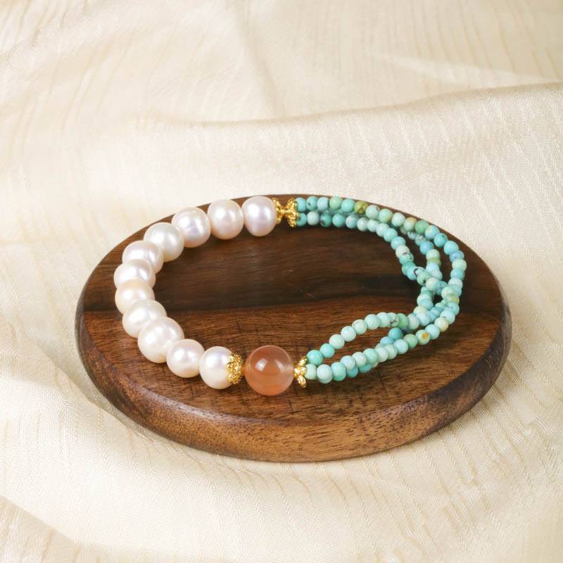 Calm & Love Crystal Bracelet – Turquoise, Pearl & Agate 8 mm, Almond-Blossom Inspired