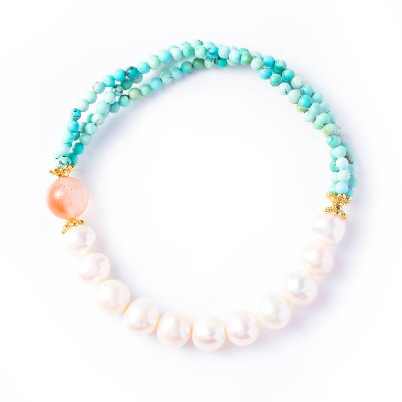 Calm & Love Crystal Bracelet – Turquoise, Pearl & Agate 8 mm, Almond-Blossom Inspired