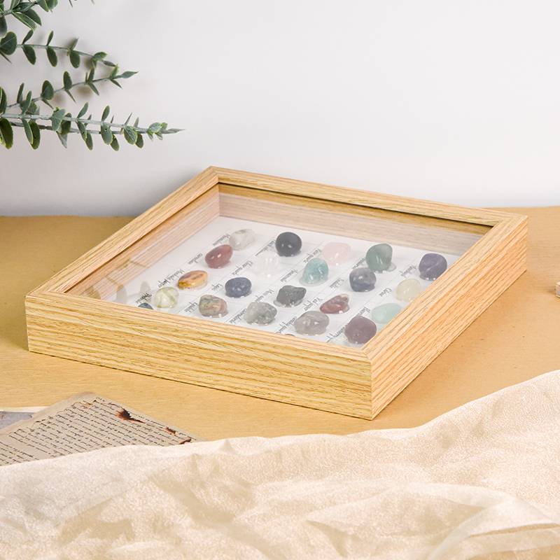 Natural Gemstone Collection Frame – 25-Stone Crystal Display (21.6 × 21.6 cm)