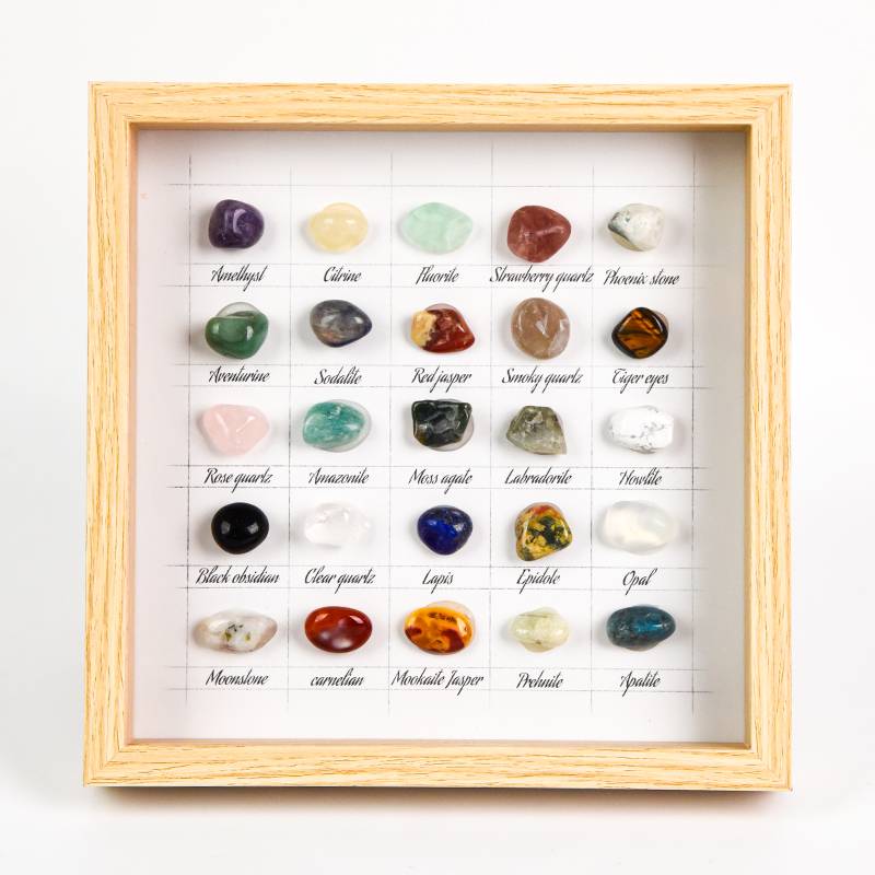 Natural Gemstone Collection Frame – 25-Stone Crystal Display (21.6 × 21.6 cm)