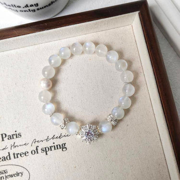 Calm & Love Crystal Bracelet – Moonstone & Pearl 9 mm, CZ Halo Accent