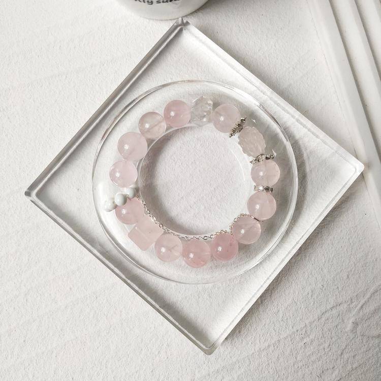 Love Crystal Bracelet – Rose Quartz & Clear Quartz 11 mm, Carved Rose Accent