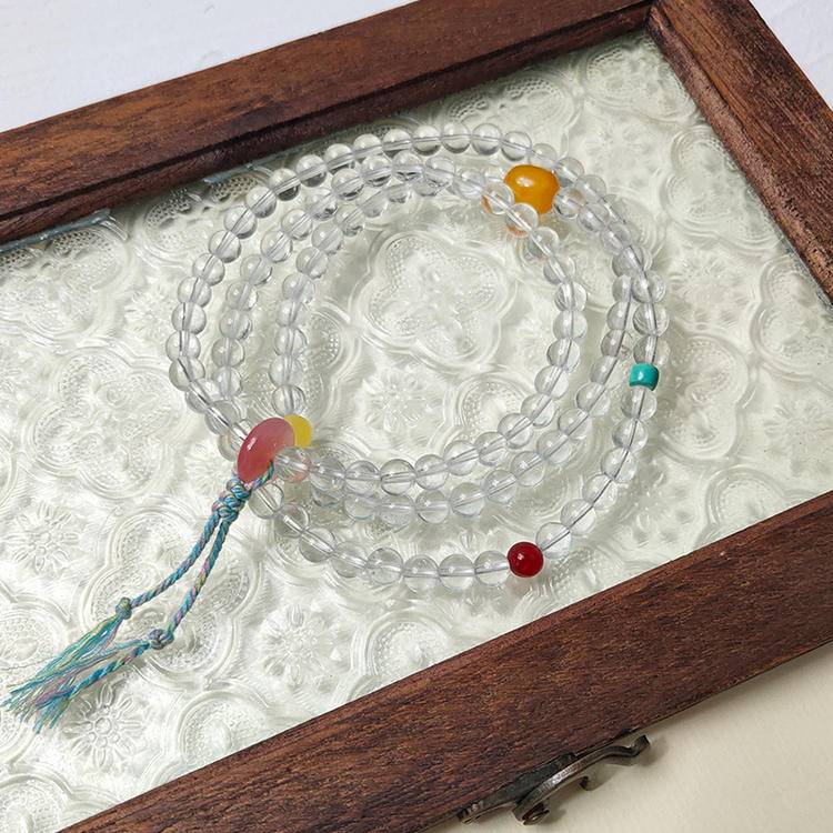 Focus Crystal Mala Wrap – Clear Quartz 108 Beads with Red Agate, Amber & Turquoise (6.5 mm)