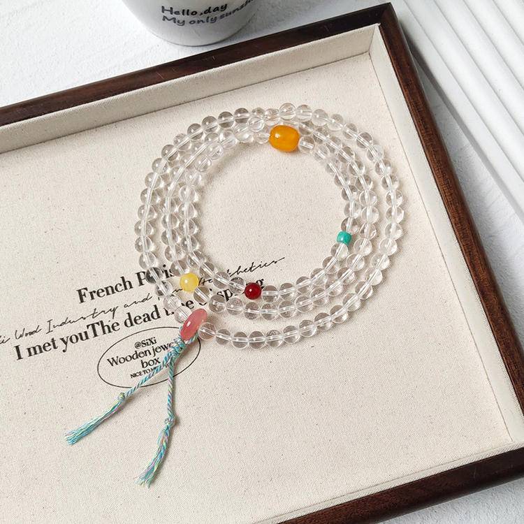 Focus Crystal Mala Wrap – Clear Quartz 108 Beads with Red Agate, Amber & Turquoise (6.5 mm)