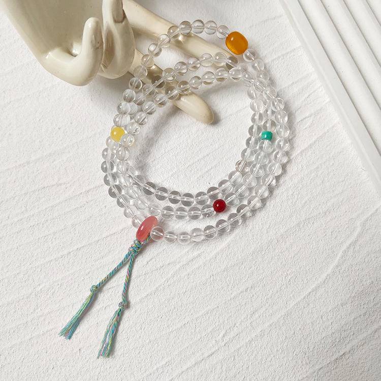 Focus Crystal Mala Wrap – Clear Quartz 108 Beads with Red Agate, Amber & Turquoise (6.5 mm)