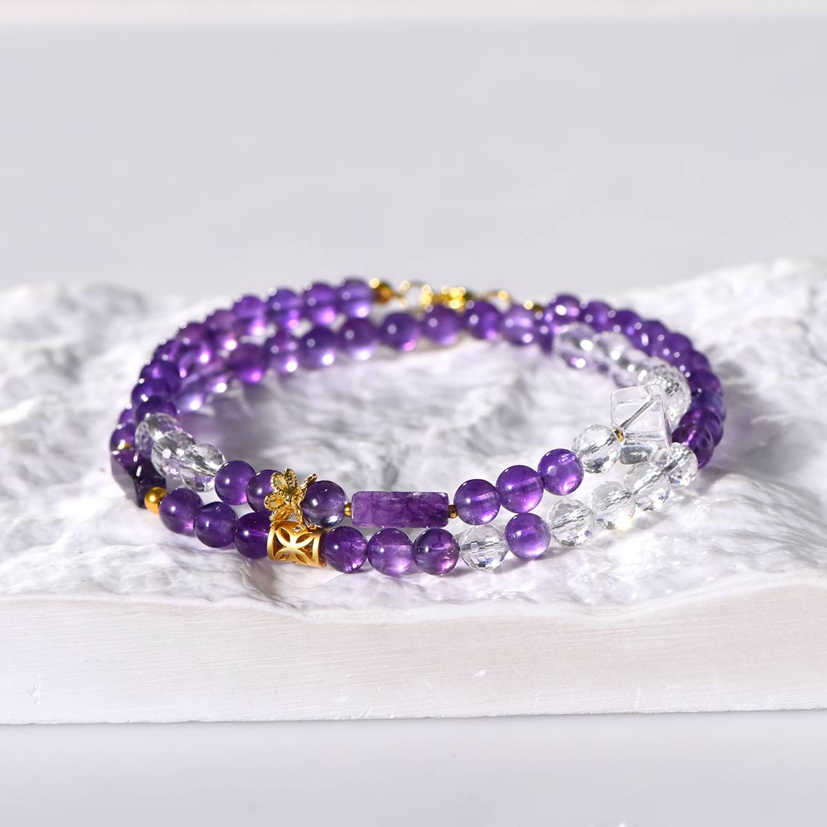 Calm Crystal Necklace – Amethyst & Clear Quartz Beads 6.5–7 mm, Faceted Accents