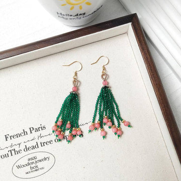 Love Crystal Tassel Earrings – Rhodochrosite & Seed Bead Fringe (7.3 cm)