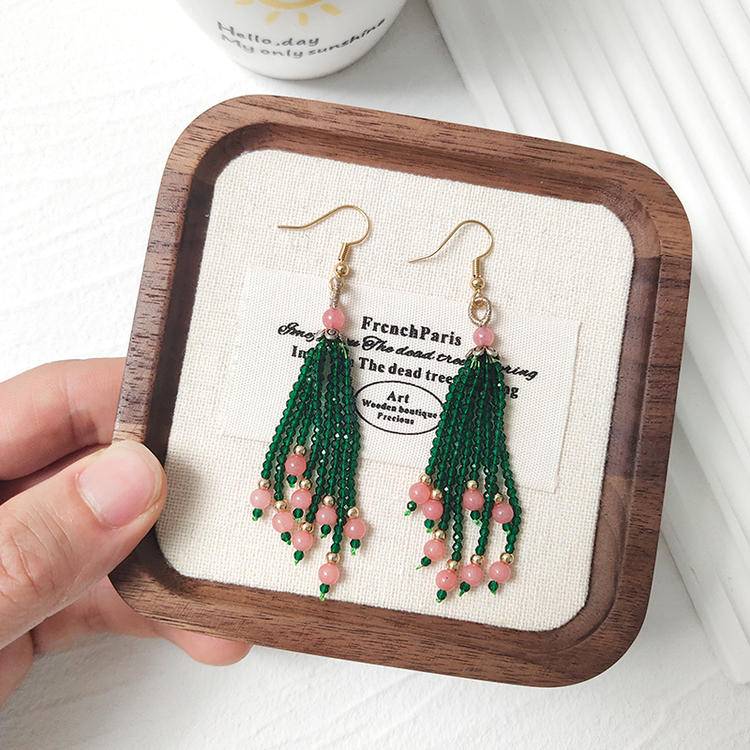 Love Crystal Tassel Earrings – Rhodochrosite & Seed Bead Fringe (7.3 cm)