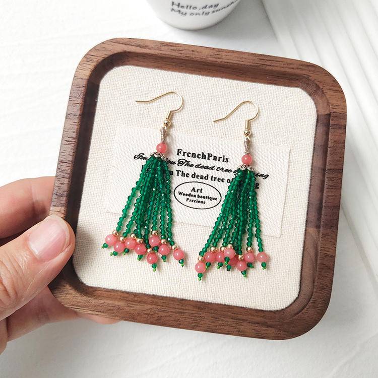 Love Crystal Tassel Earrings – Rhodochrosite & Seed Bead Fringe (7.3 cm)