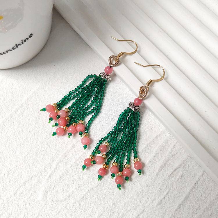 Love Crystal Tassel Earrings – Rhodochrosite & Seed Bead Fringe (7.3 cm)