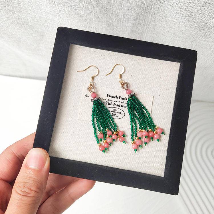 Love Crystal Tassel Earrings – Rhodochrosite & Seed Bead Fringe (7.3 cm)
