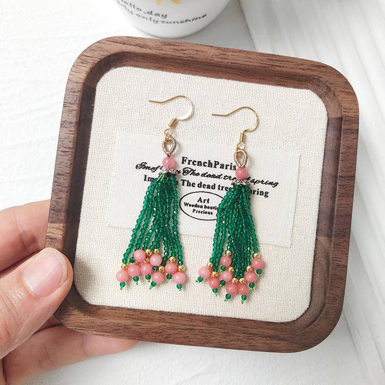 Love Crystal Tassel Earrings – Rhodochrosite & Seed Bead Fringe (7.3 cm)