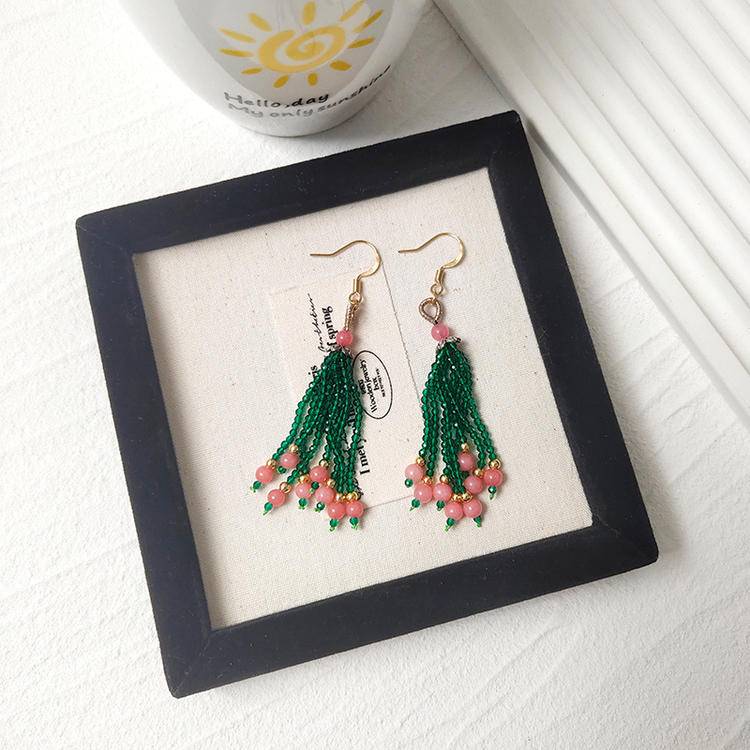 Love Crystal Tassel Earrings – Rhodochrosite & Seed Bead Fringe (7.3 cm)