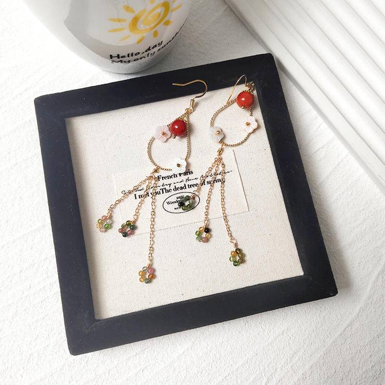 Confidence Chain Tassel Earrings – Red Agate & Tourmaline (10 cm)