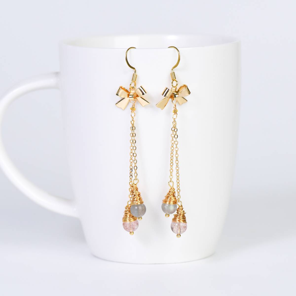 Love & Calm Tassel Earrings – Strawberry Quartz & Gray Moonstone (8.5 cm)