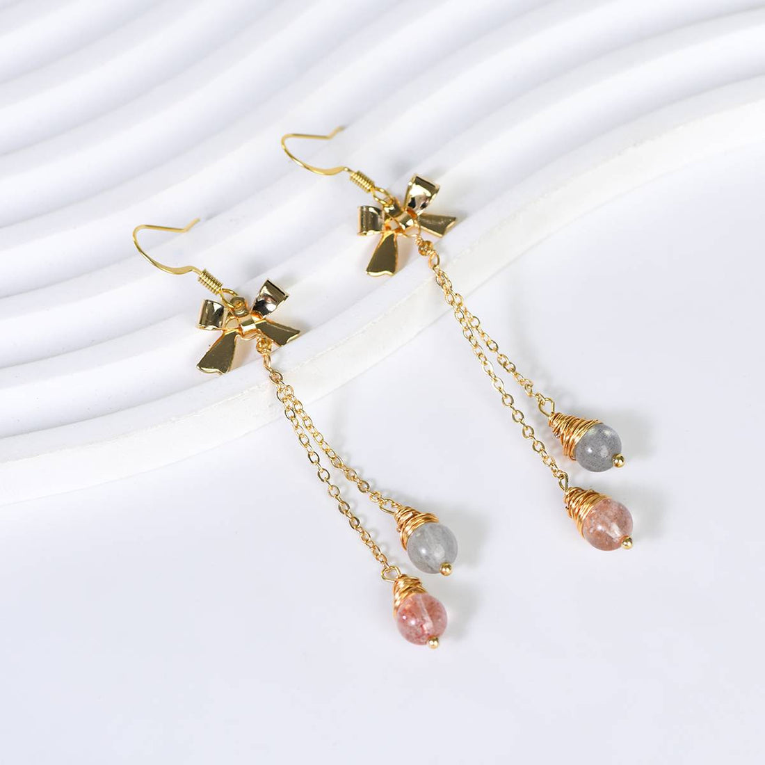 Love & Calm Tassel Earrings – Strawberry Quartz & Gray Moonstone (8.5 cm)