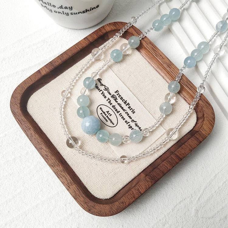 Aquamarine & Clear Quartz Layered Necklace (Two Strands)