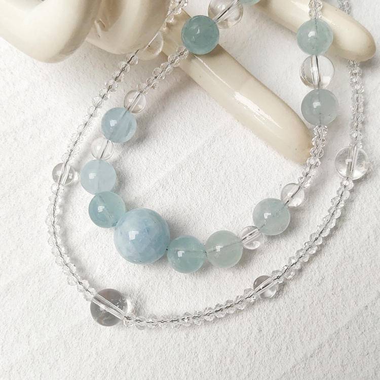 Aquamarine & Clear Quartz Layered Necklace (Two Strands)
