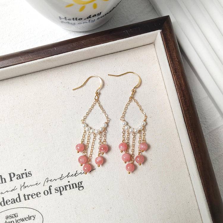 Rhodochrosite Tassel Dangle Earrings (5mm) – Love & Calm