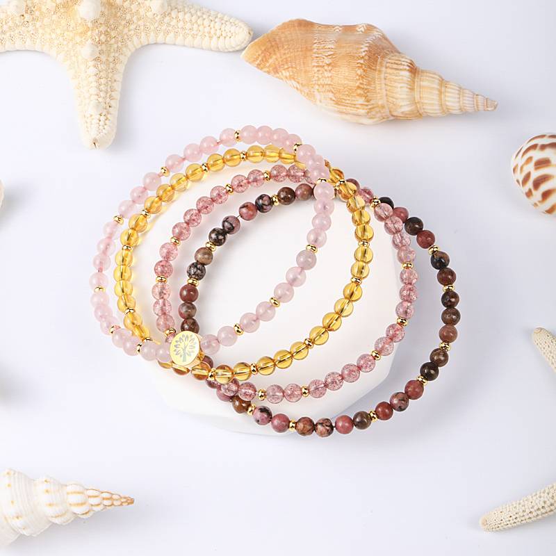 Love & Happiness Crystal Bracelet Set – Rose Quartz, Citrine, Strawberry Quartz & Rhodonite (4mm)