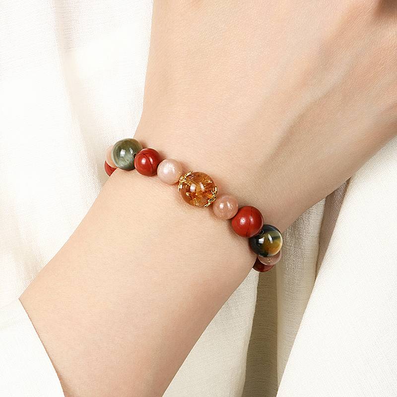 Protection & Courage Crystal Bracelet – Obsidian, Red Jasper, Sunstone, Tiger’s Eye & Citrine 7–11 mm
