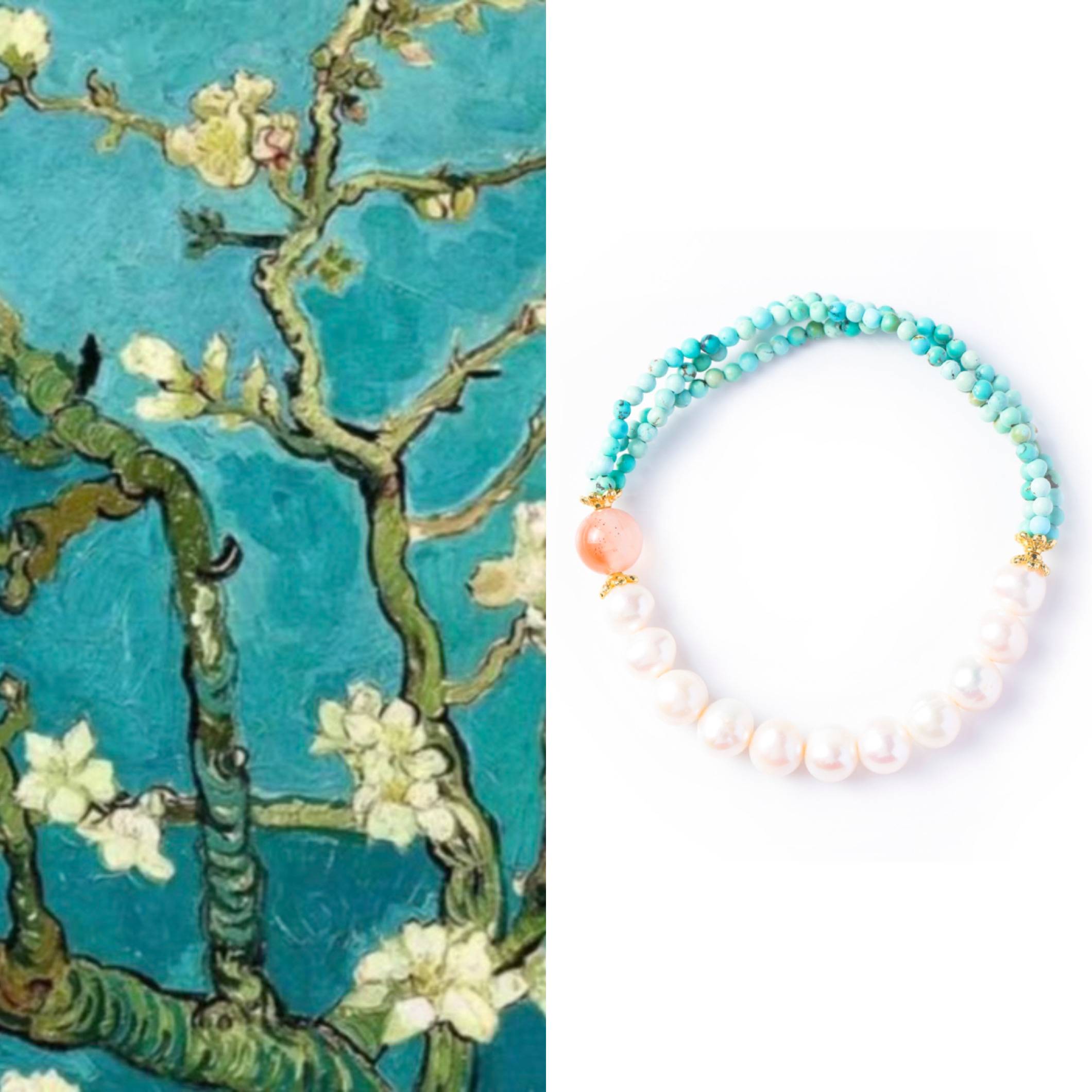 Calm & Love Crystal Bracelet – Turquoise, Pearl & Agate 8 mm, Almond-Blossom Inspired