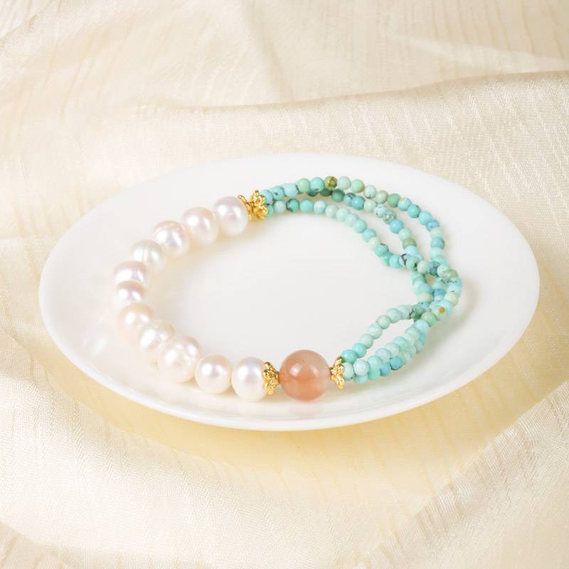 Calm & Love Crystal Bracelet – Turquoise, Pearl & Agate 8 mm, Almond-Blossom Inspired
